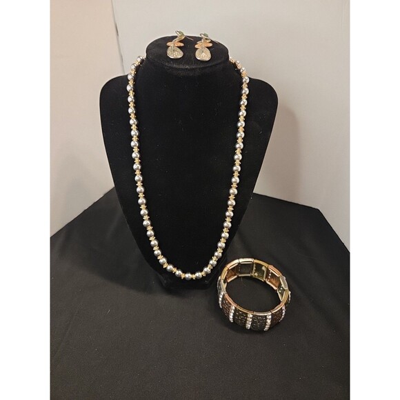 20"-25" Gold & Silver Bead Necklace, Gold, Copper, Silver Bracelet & Earrings - Picture 1 of 8